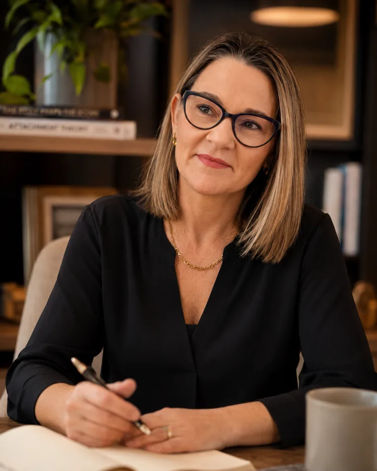 Tania Gobbi escrevendo em seu consultório, em um ambiente acolhedor